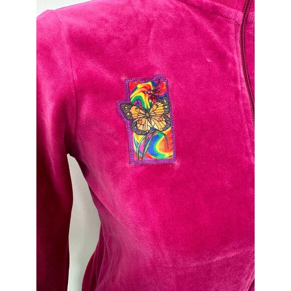 Vintage Y2k Magenta Pink Velour Track Jacket Rainbow Butterfly Patch size JR M - Picture 5 of 8